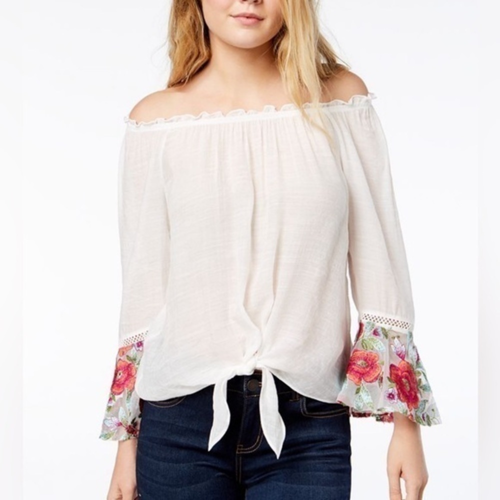 Boho White Linen Off Shoulder Embroidered Floral Flare Sleeves Peasant Top Y2K M